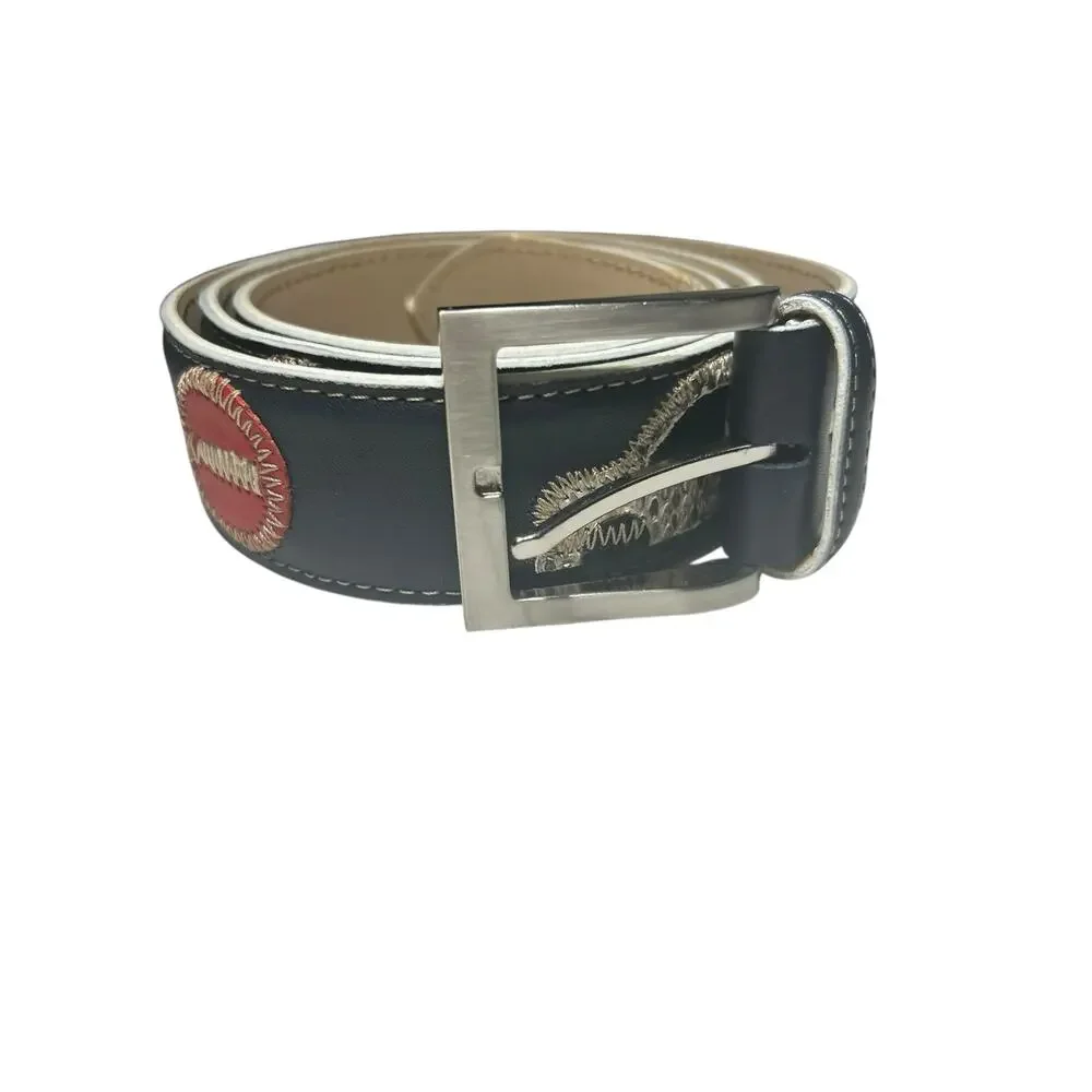 Vintage Unisex Italian Genuine Black Leather Belt Cars & Road Signs – 47” Long